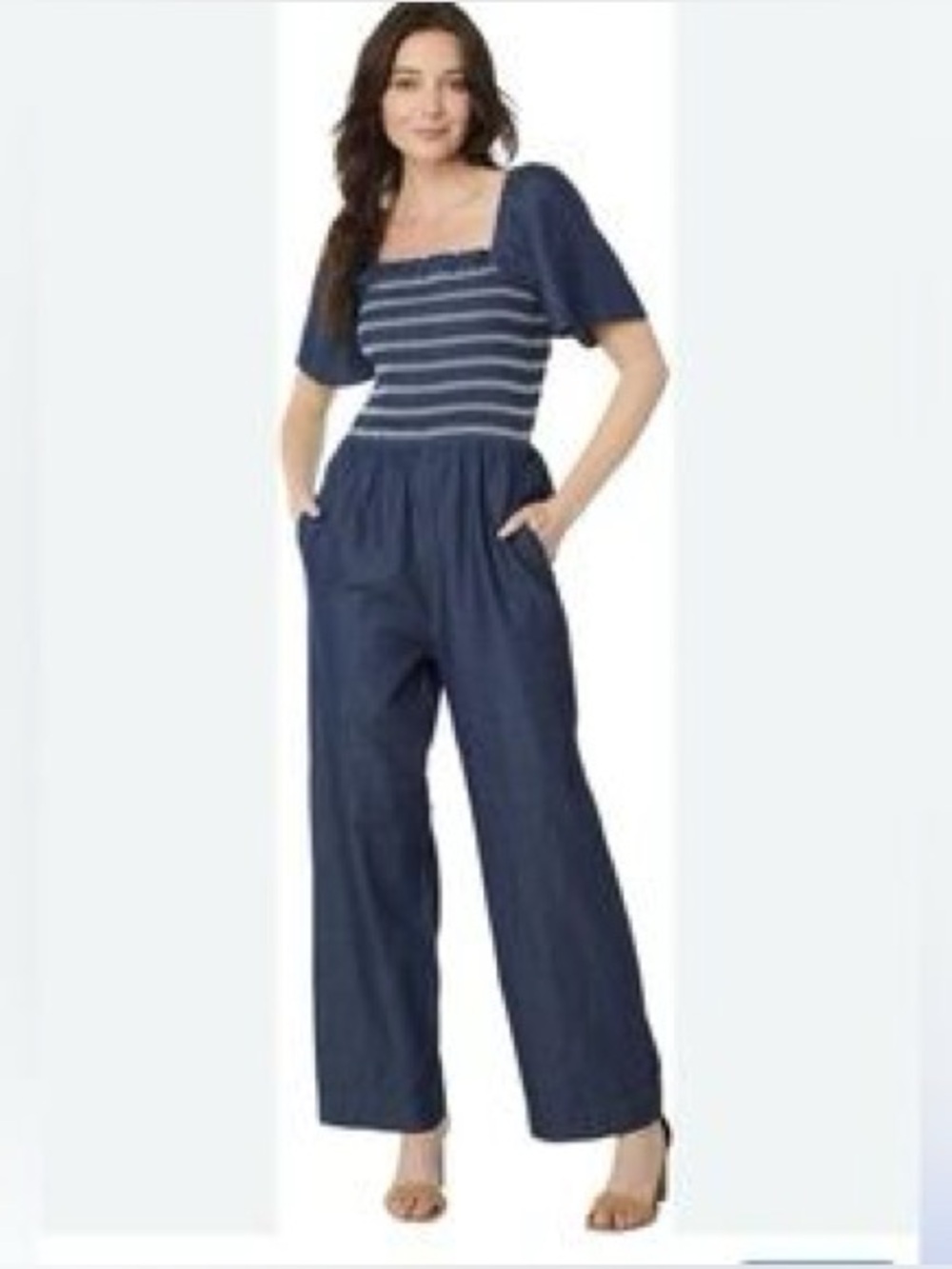 DRAPER JAMES SMOCKED CHAMBRAY JUMPSUIT